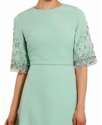 Mac Duggal Crepe A Line Gown With Beaded 3/4 Sleeves