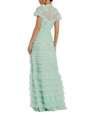 Mac Duggal Beaded Mesh High Neck Micro Ruffle Floral Gown