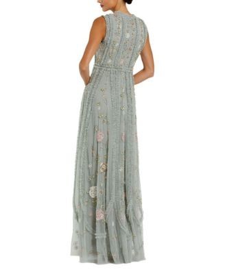 Mac Duggal Floral Mesh Sleeveless A-line Micro Ruffle Gown