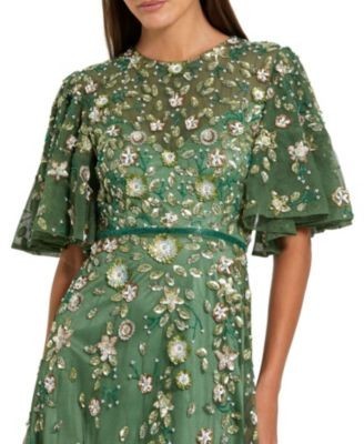 Mac Duggal Floral Embellished Flutter Sleeve Midi Dress