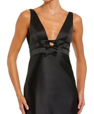 Mac Duggal Sleeveless V Neck Satin Gown with Bow Details