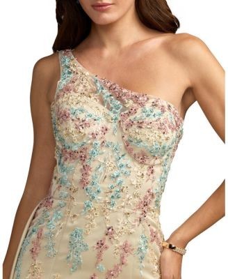 Mac Duggal One Shoulder Embellished Satin Gown with Overskirt