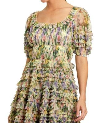 Mac Duggal Floral Mesh Puff Sleeve Ruffle Mini Dress