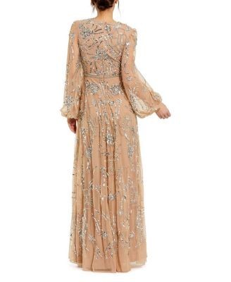 Mac Duggal Embellished High Neck Puff Sleeve Gown