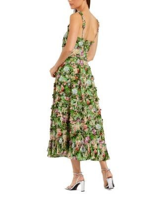 Mac Duggal Ruffle Floral Square Neck Midi Dress