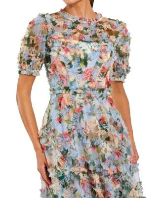 Mac Duggal Floral Printed Mesh Ruffle High Neck Midi Dress