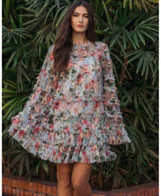Mac Duggal Printed Mesh Ruffle High Neck Mini Dress