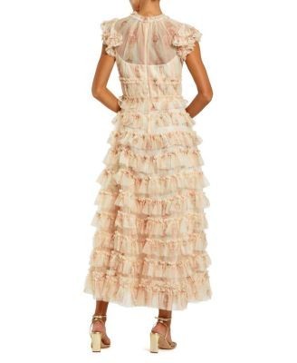 Mac Duggal Printed Mesh Short Sleeve Micro Ruffle Midi Dress