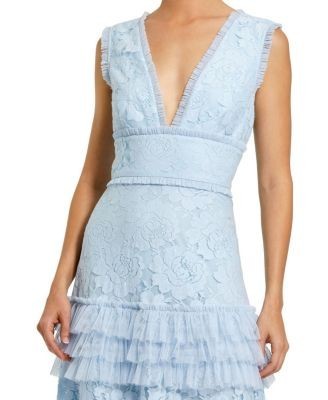 Mac Duggal V Neck Lace Tiered Ruffle Gown