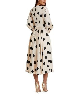 Mac Duggal Polka Dot Charmeuse Long Sleeve V Neck Midi Dress
