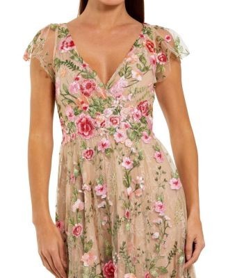 Mac Duggal Embroidered Cap Sleeve V Neck Ankle Dress