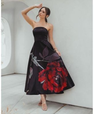Mac Duggal Crepe Printed Strapless Midi Dress with Pockets