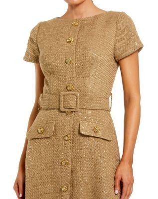 Mac Duggal Boucle Cap Sleeve High Neck Button Up Midi Dress