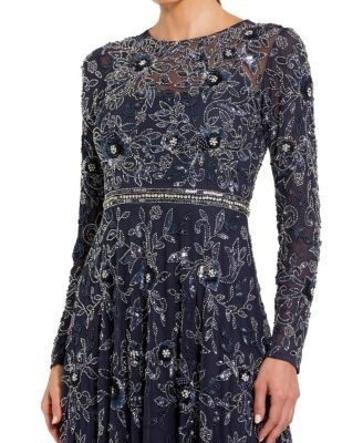 Mac Duggal Long Sleeve Floral Embellished Mesh A Line Gown