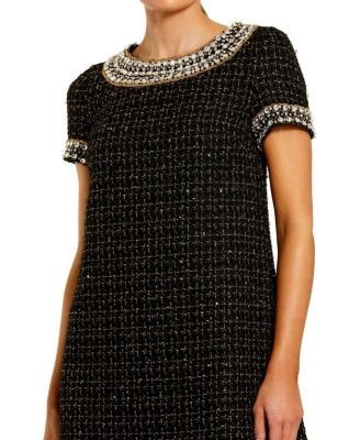 Mac Duggal Short Sleeve Embellished Boucle Mini Dress