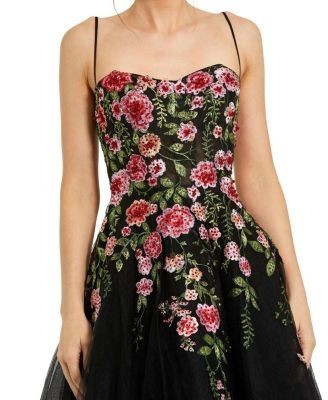 Mac Duggal Slim Strap Sheer Bustier Embroidered Dress