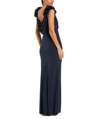 Mac Duggal Jersey Cowl Neck Gown with 3D Flower Straps