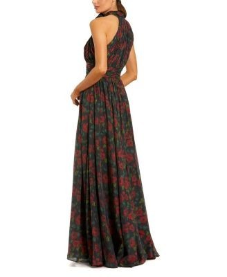 Mac Duggal Floral Chiffon 3D Flower High Neck Evening Gown