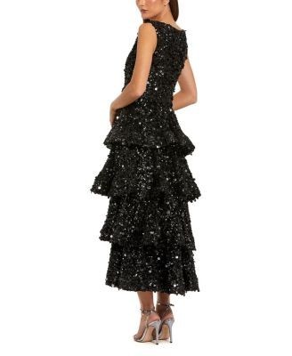 Mac Duggal Sleeveless Sequin Ruffle Midi Dress with Belt