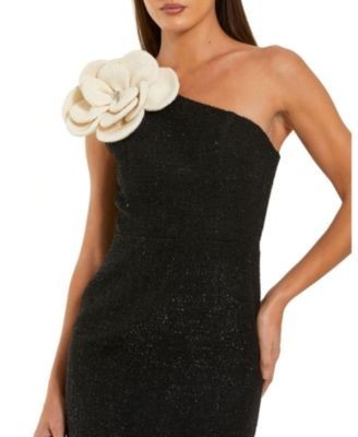 Mac Duggal One Shoulder Boucle Midi Dress With 3D Flower