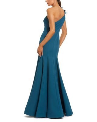 Mac Duggal Crepe One Shoulder Evening Gown With 3D Flower Details