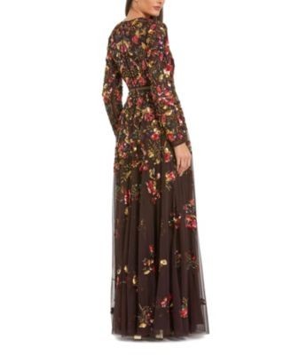 Mac Duggal Long Sleeve Floral Embellished Evening Gown