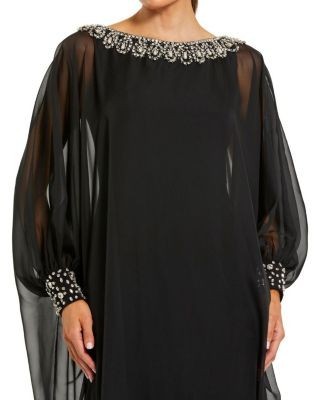 Mac Duggal Chiffon Long Sleeve Kaftan Gown with Beaded Neck