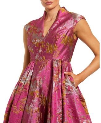 Mac Duggal Metallic Jacquard Ball Gown with Notched Collar