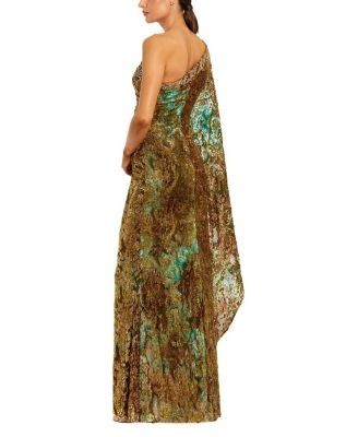 Mac Duggal One Shoulder Metallic Burnout Velvet Evening Gown