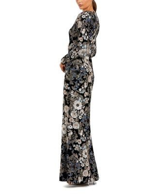 Mac Duggal Embroidered Velvet Long Sleeve Scoop Neck Gown
