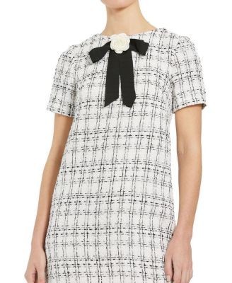 Mac Duggal Short Sleeve High Neck Boucle Mini Dress