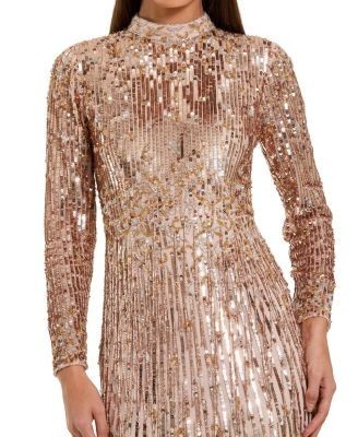 Mac Duggal Mock Neck Long Sleeve Sequin & Fringe Column Gown