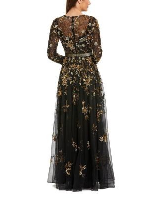 Mac Duggal Hand Beaded Mesh Long Sleeve High Neck A Line Gown