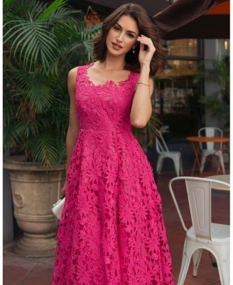 Mac Duggal Sleeveless Square Neck Lace A Line Midi Dress