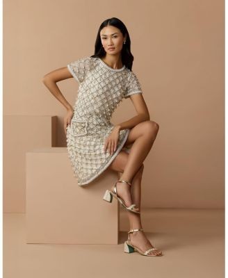 Mac Duggal Short Sleeve Embellished Crepe Midi Dress