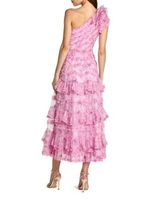 Mac Duggal Printed One Shoulder Ruffled A Line Midi Dress