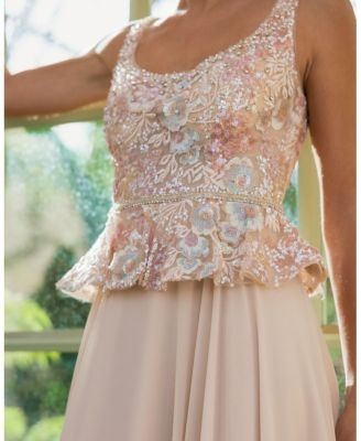Mac Duggal Embroidered Peplum Top with Chiffon Skirt Gown