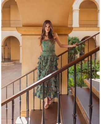 Mac Duggal Floral Cotton Strapless Tiered Ruffle Midi Dress