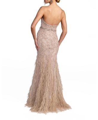 Mac Duggal Strapless Beaded Net Trumpet Gown with Feathers