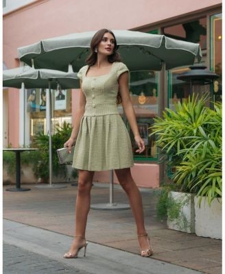 Mac Duggal Boucle Cap Sleeve Pleated Skirt Mini Dress