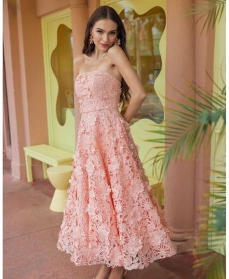 Mac Duggal Floral Lace Strapless A Line Midi Dress