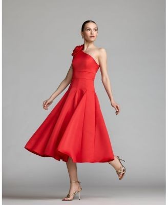 Mac Duggal One Shoulder Satin Midi Dress With 3D Flower