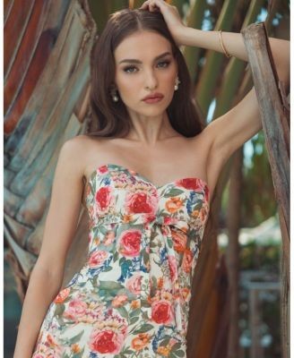 Mac Duggal Strapless Floral Charmeuse Ruffle A Line Gown