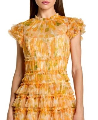 Mac Duggal Mesh Micro Ruffle High Neck Cap Sleeve Midi Dress