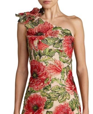 Mac Duggal Embroidered One Shoulder Dress With Fringe Hem