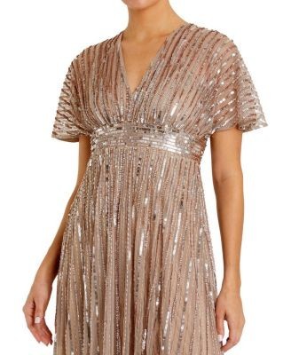 Mac Duggal Embellished Mesh V Neck Short Sleeve Gown