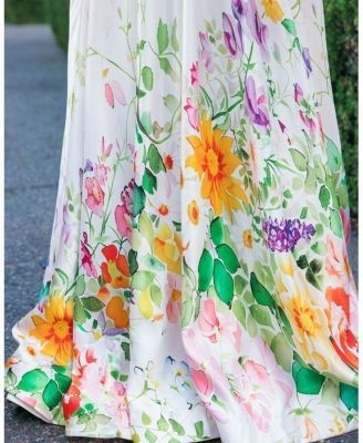 Mac Duggal Floral Print Strapless Satin A Line Gown With Pockets