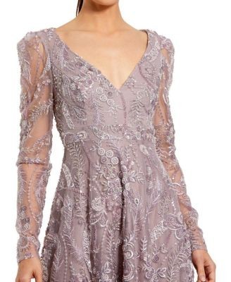Mac Duggal Floral Embroidered V Neck Long Sleeve Gown
