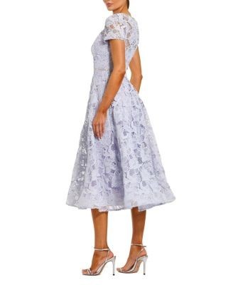 Mac Duggal Lace Short Sleeve A Line Midi Dress With Bow