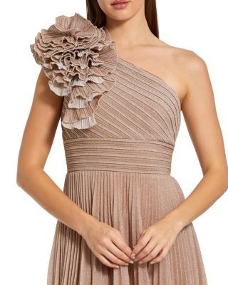 Mac Duggal Pleated Metallic One Shoulder Gown with Ruffle